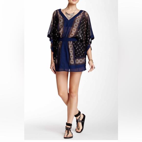 FREE PEOPLE Womens Boho Printed Kimono Tied Sleeve V-Neck Mini Dress Size XS - Picture 1 of 12